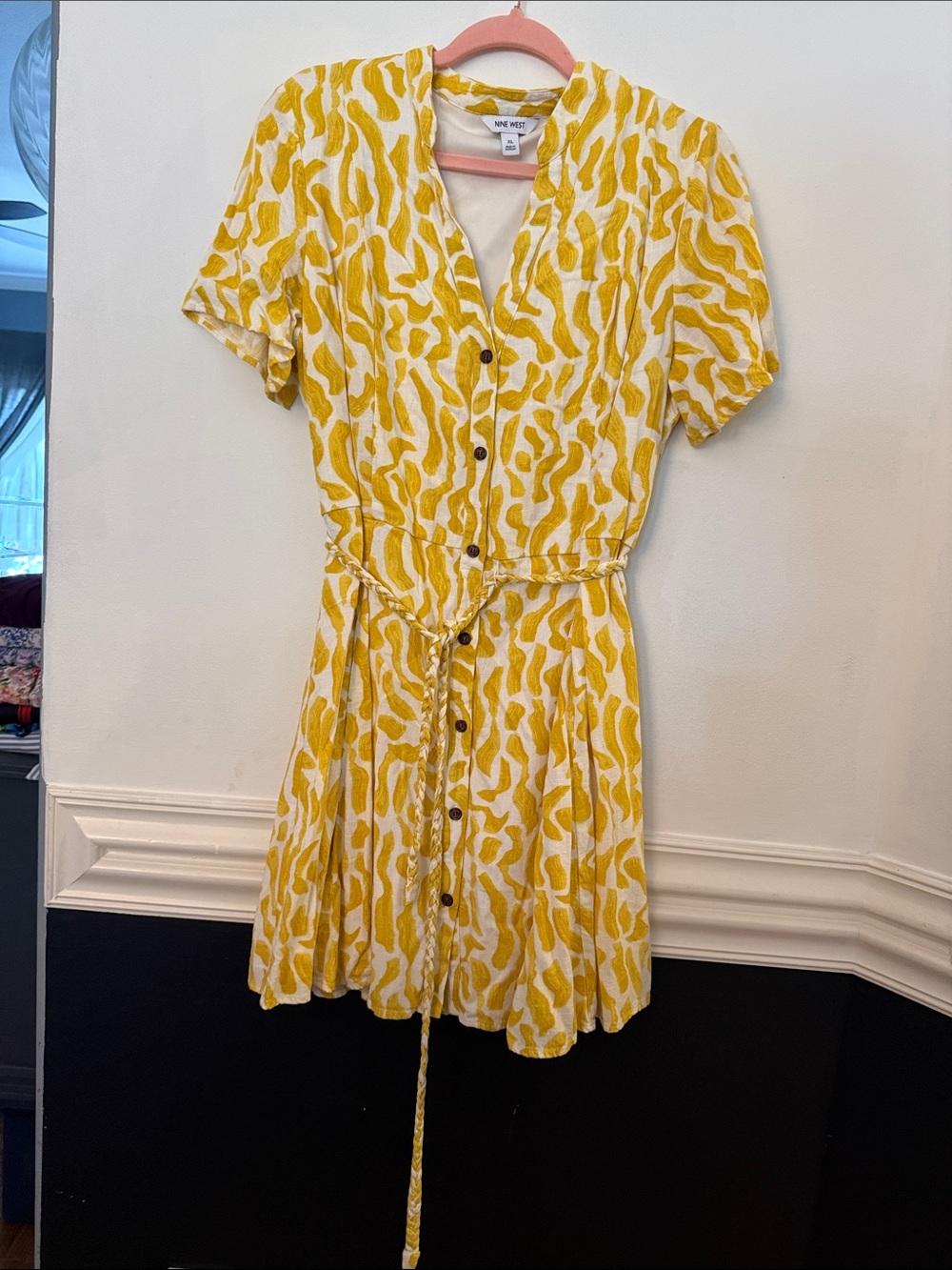 Nine West Yellow Print Button-Front Mini Dress